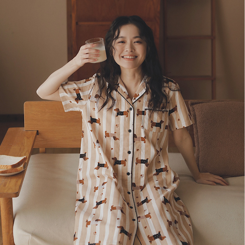 八月格桑日系新款睡衣女夏季款纯棉短袖纱布睡裙卡通全棉家居服