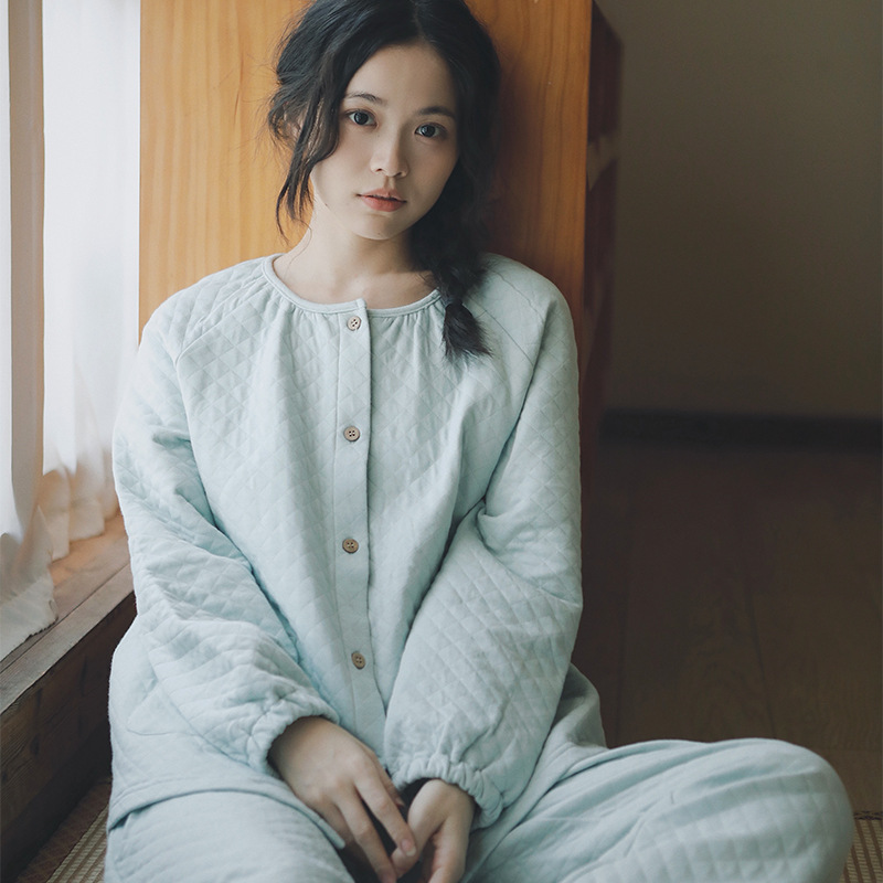 日系新款无印睡衣女士秋冬款空气棉加厚全棉家居服套装大码可外穿