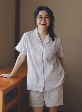 八月格桑睡衣女士夏季纯棉纱布短袖短裤套装男款全棉格子家居服