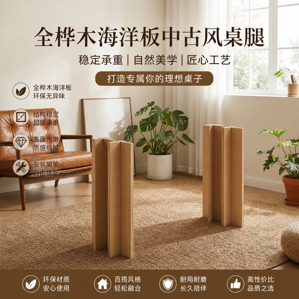 中古风简约中式桦木岩板桌脚定制图片