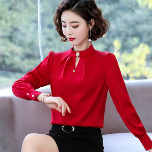 女长袖 新款 衬衣洋气红色小衫 春季 打底上衣秋冬 2023年新款 雪纺衬衫