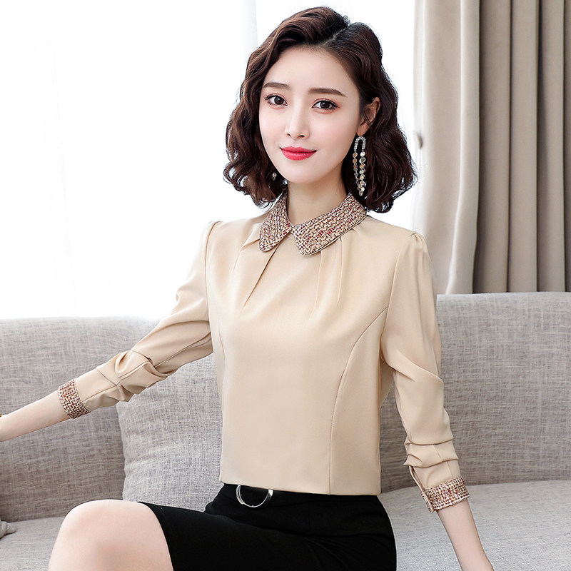 红色雪纺衫女长袖衬衫2023年春秋新款洋气上衣娃娃领打底妈妈衬衣