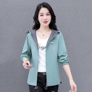 连帽冲锋衣外套女款春秋2024新款小个子宽松薄款拼色防风夹克上衣