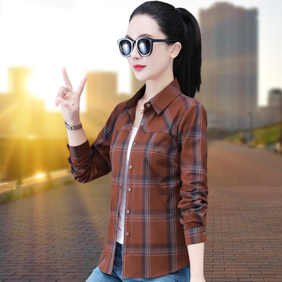 格子衬衫女款纯棉中年妈妈衬衣