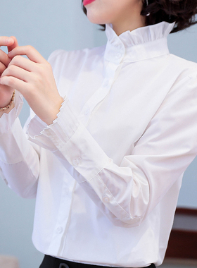 立领白色衬衫女长袖2025新款韩版春秋内搭洋气雪纺衬衣打底上衣寸