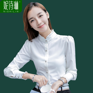 新款 衬衣上衣工装 立领白色衬衫 加绒职业装 工作服寸 女长袖 2025春装