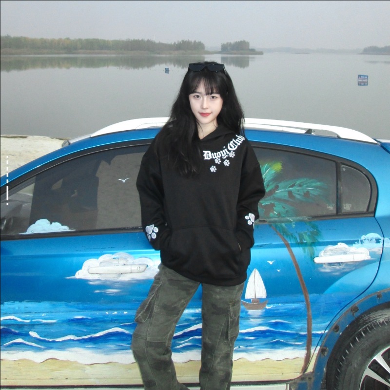 字母刺绣毛绒耳朵连帽卫衣女黑色