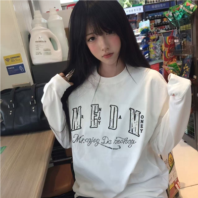 MEDM刺绣长袖T恤女秋冬2025新款小个子宽松纯棉情侣打底白色上衣
