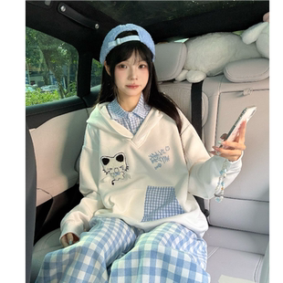 学院风宽松纯棉休闲上衣 假两件小猫咪刺绣连帽卫衣女秋冬2025新款