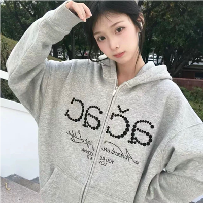 美式acac刺绣小个子开衫卫衣女2025新款秋冬宽松纯棉加绒连帽外套