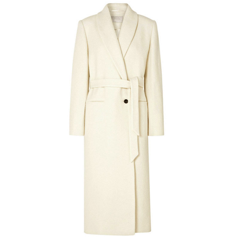莱蒂齐亚王妃2024冬季米白色青果领一粒扣系带过膝长款羊毛呢大衣