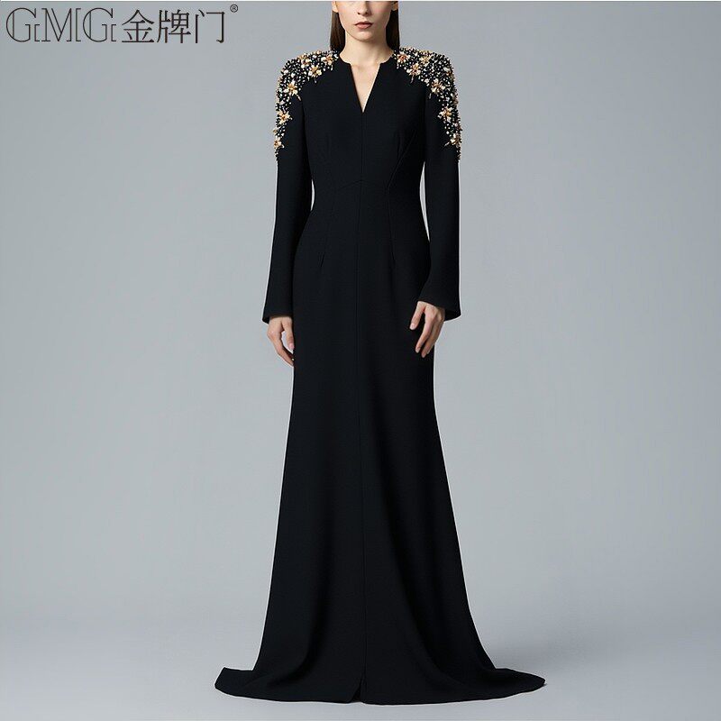现货晚礼服长裙2026欧美V领长袖钉珠镶钻前开叉小拖尾长款连衣裙
