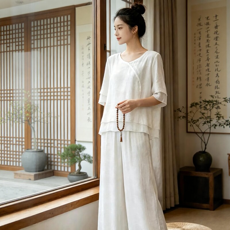 夏季中国风薄款中式仙气疗愈禅服素衣禅修居士服女款佛系禅意女装