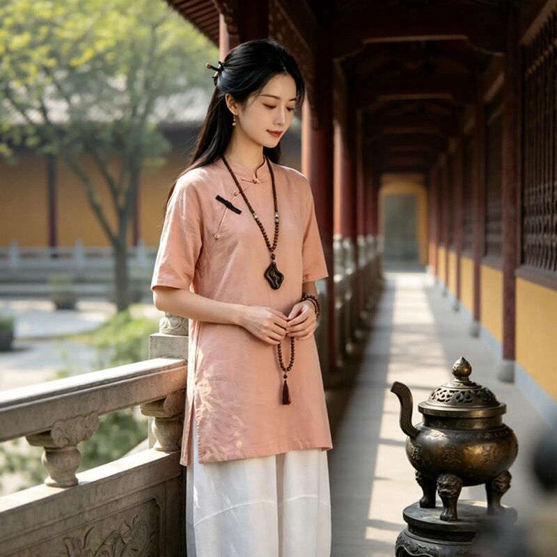 夏季女款新中式盘扣天丝苎麻国风上衣复古禅修居士服佛系禅意素衣