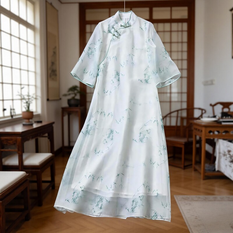 夏季新中式禅意女装雪纺印花连衣裙改良旗袍中国风宽松茶服女长裙