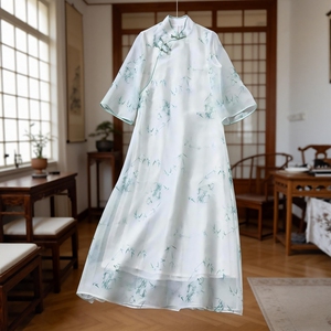 夏季新中式禅意女装雪纺印花连衣裙改良旗袍中国风宽松茶服女长裙