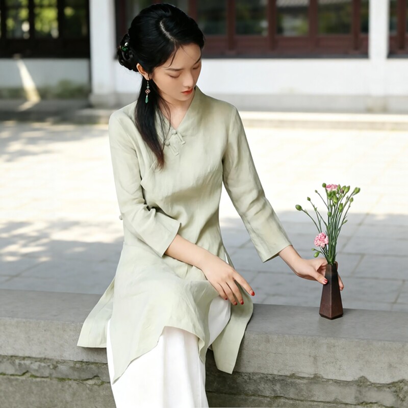 新中式中国风茶服女禅意文艺棉麻中长款改良旗袍高端茶艺师工作服