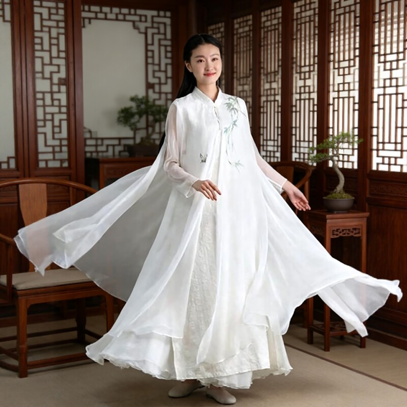 夏季禅意茶服新中式国风白色疗愈禅服女汉服飘逸长裙复古风连衣裙