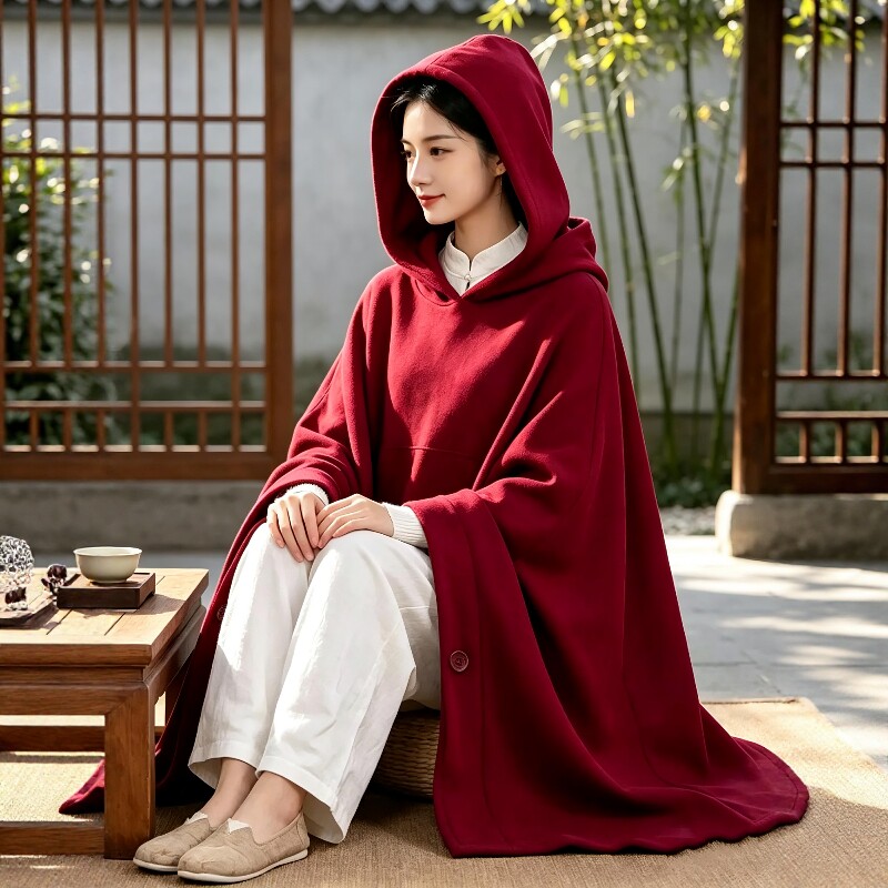 秋冬摇粒绒禅修打坐披风连帽斗篷男女居士服寺院禅意静坐观音斗篷