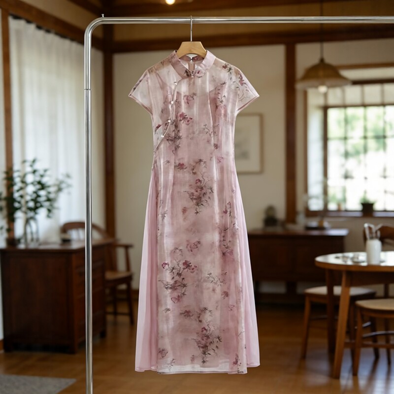 2026年夏季新中式女装改良旗袍翻领收腰印花茶服女禅意国风连衣裙