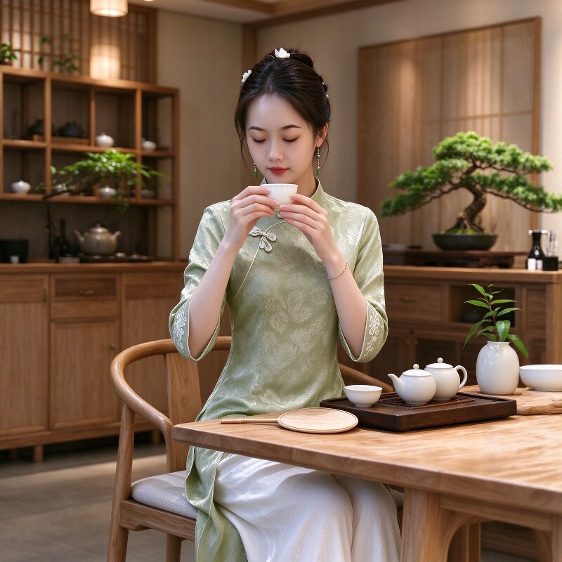 秋冬新中式中国风茶服女改良奥黛旗袍裙双层女装茶艺师显瘦连衣裙
