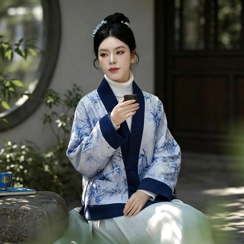 新中式禅意棉袄女汉服冬装竹子印花茶服短款加厚外套高端佛系禅服