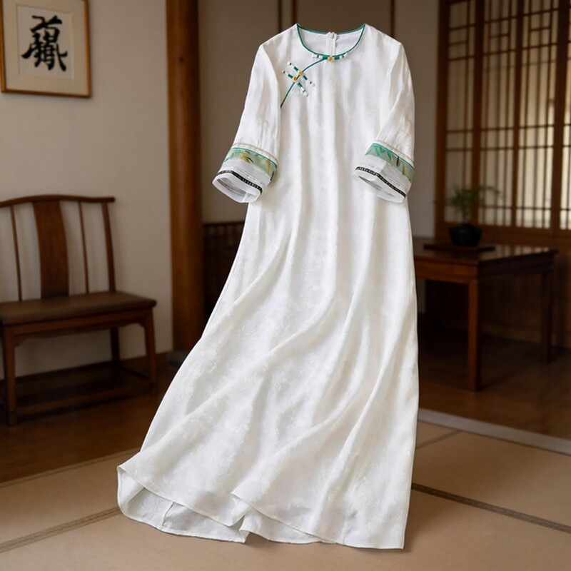夏季新中式禅意女装人丝提花宽松圆领盘扣高端改良旗袍茶服连衣裙