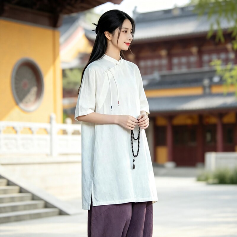 夏季薄款短袖佛系禅意棉麻素衣套装居士服女士中式寺庙修行禅修服