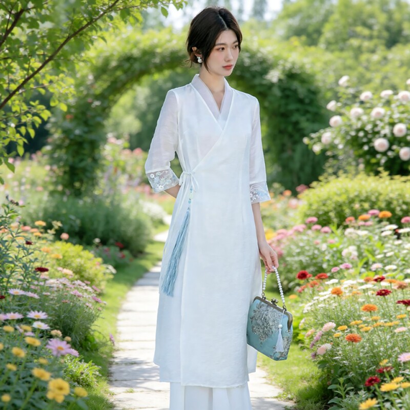 夏季中国风改良汉服女白色禅意茶服仙气中式复古天丝汉元素连衣裙