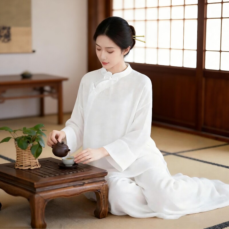 中国风禅意茶服女仙气宽松斜襟立领长衫套装白色茶道疗愈服三件套