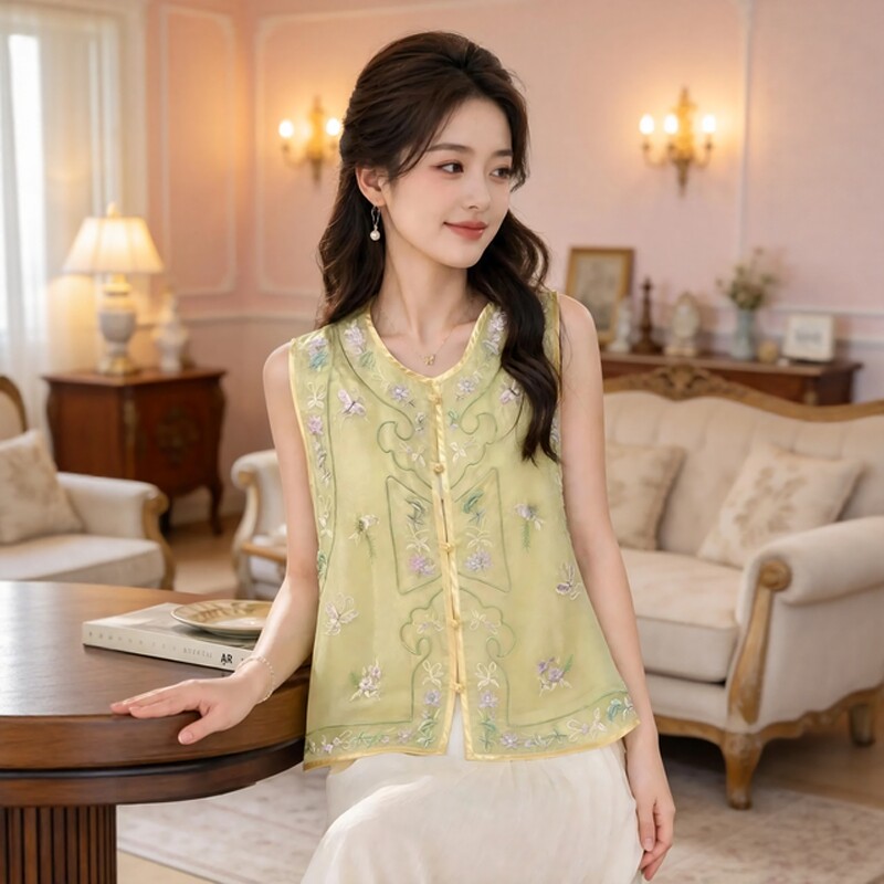 夏季新中式国风桑蚕丝无袖上衣女高级重工刺绣马甲欧根纱薄款背心