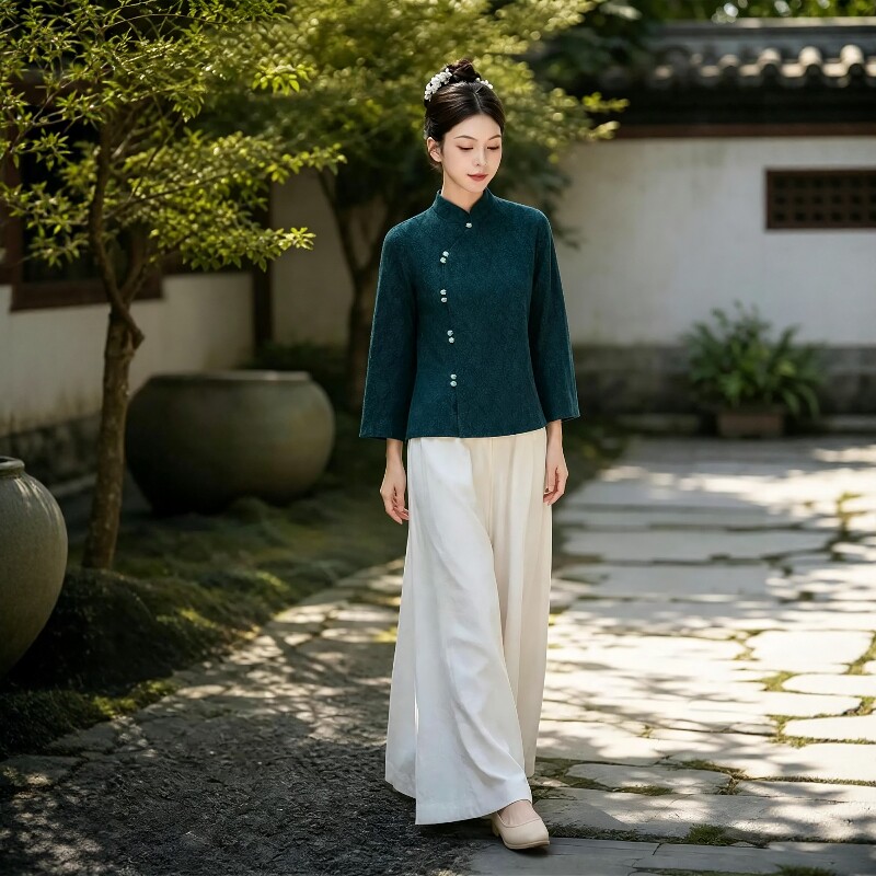 中式禅意佛系高端女装秋高级禅服纯棉斜襟提花挽袖上衣茶服居士服