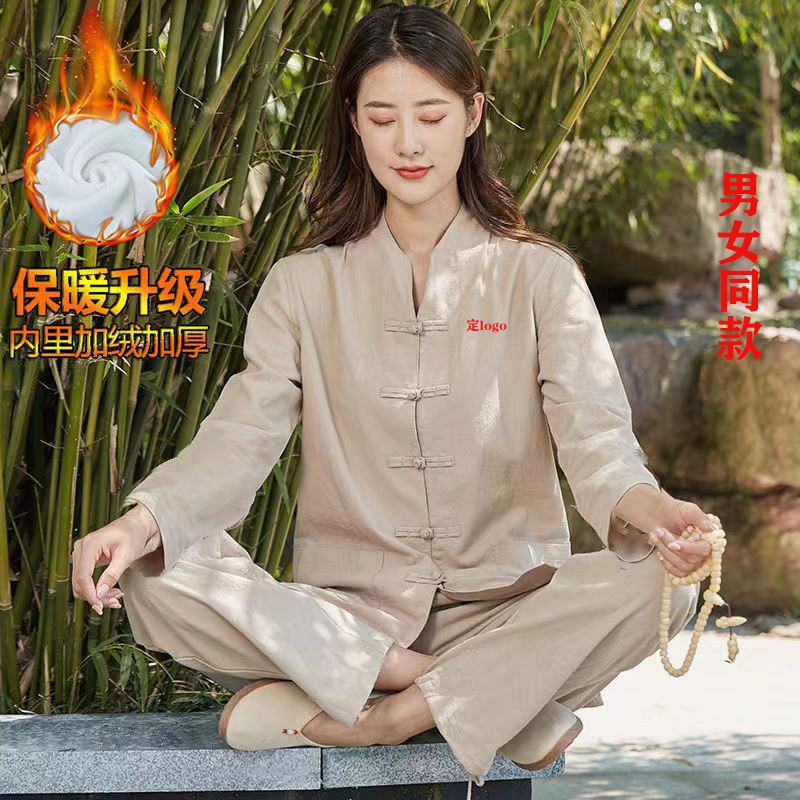 秋冬唐装加绒加厚亚麻居士服套装