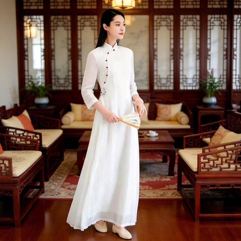 2026夏季新款新中式茶服女禅意文艺中国风改良旗袍白色仙气连衣裙