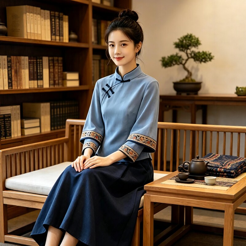 禅意佛系复古民族风女装改良旗袍上衣斜襟盘扣茶服套装修行禅服女
