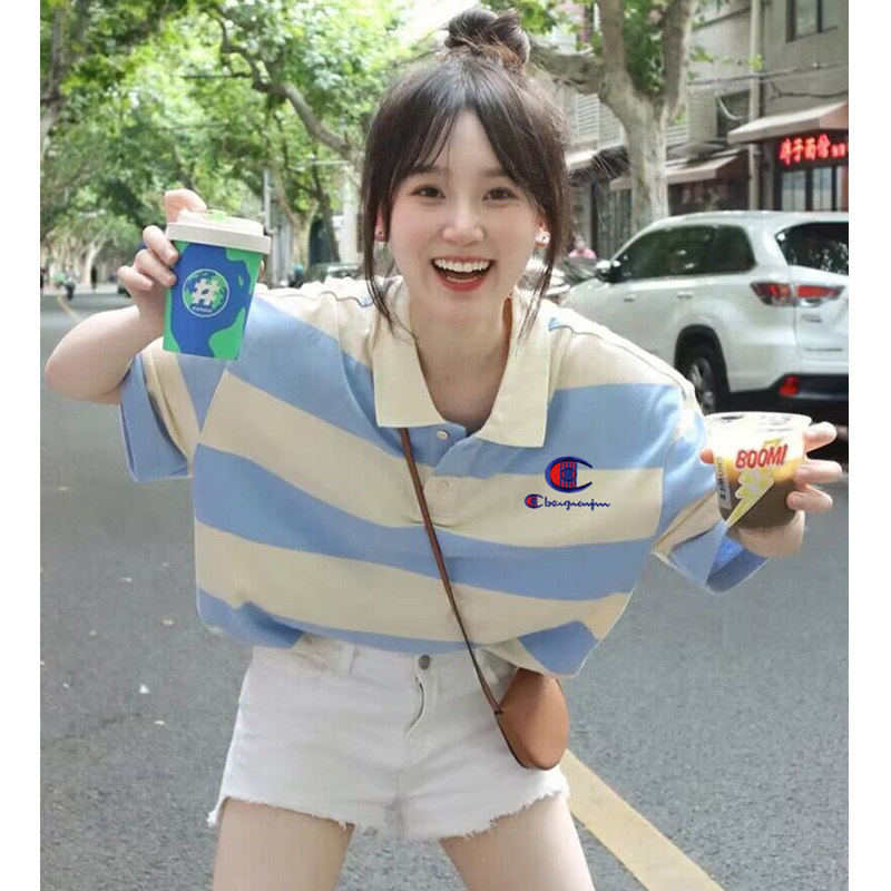 AUTHENTIC BEN CHAMPION T-SHIRT WOMENS SUMMER 2024 NEW TRENDY BRAND STRIPED POLO SHIRT STUDENT LOOSE SMALL MAN TOP
