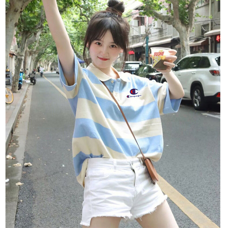 AUTHENTIC BEN CHAMPION T-SHIRT WOMENS SUMMER 2024 NEW TRENDY BRAND STRIPED POLO SHIRT STUDENT LOOSE SMALL MAN TOP
