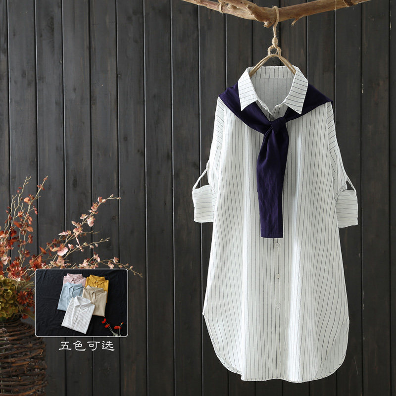 秋系原创文艺范宽松条纹长袖衬衫女春秋中长款两件套衬衣挽袖上衣