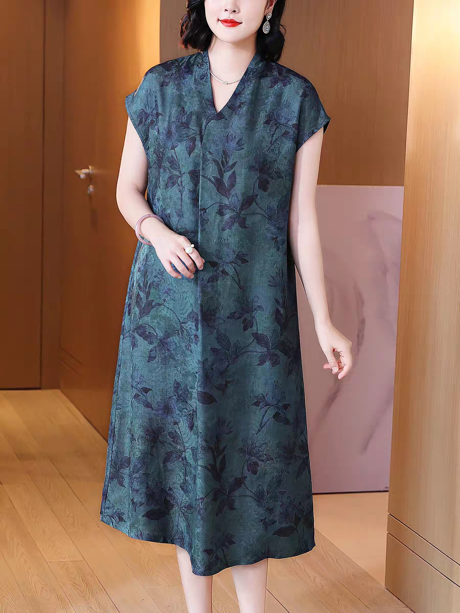 2026新款夏季香云纱连衣裙女V领飞飞袖树叶花桑蚕丝中长款裙子