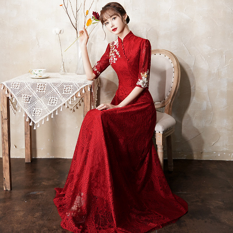中式敬酒服新娘旗袍2020新款酒红色气质结婚中国风长袖长款礼服裙