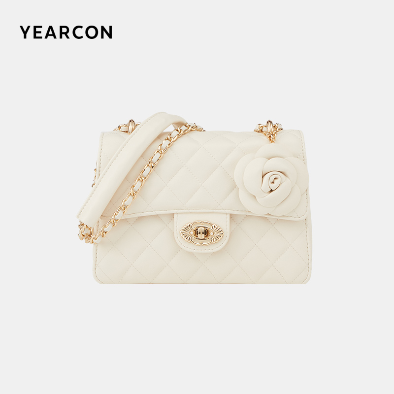 意尔康2025新款包包女时尚花朵挂饰小方包百搭菱格链条单肩斜挎包