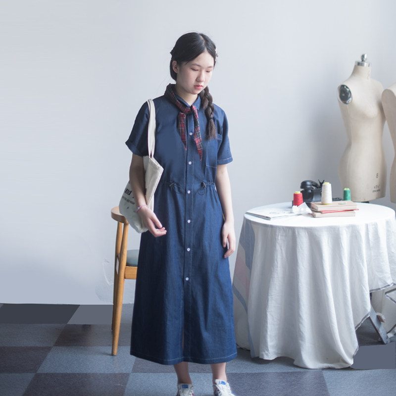 原创女童长款文艺牛仔连衣裙夏季中大童亲子装休闲宽松衬衫裙