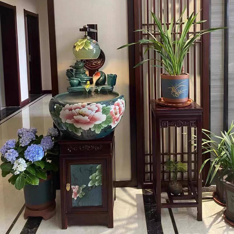 陶瓷鱼缸柜式金鱼缸落地鱼缸家用玄关客厅景德镇养鱼盆办公室摆件