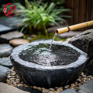 黑山石水钵庭院流水天然日式喷泉石雕景观造景石盆户外园林流水池