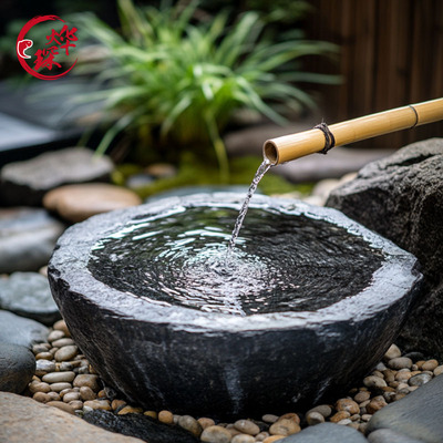 黑山石水钵庭院流水天然日式喷泉石雕景观造景石盆户外园林流水池