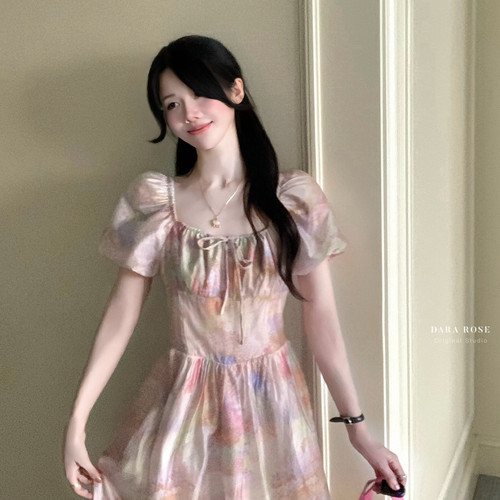DARA ROSE-式天丝色彩印花图案方领长款收腰显瘦短袖连衣裙S9309