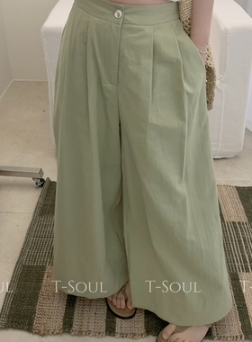 T-Soul-腰压褶洋气显瘦显瘦韩系百搭好版型遮肉不显胯休闲裤33034