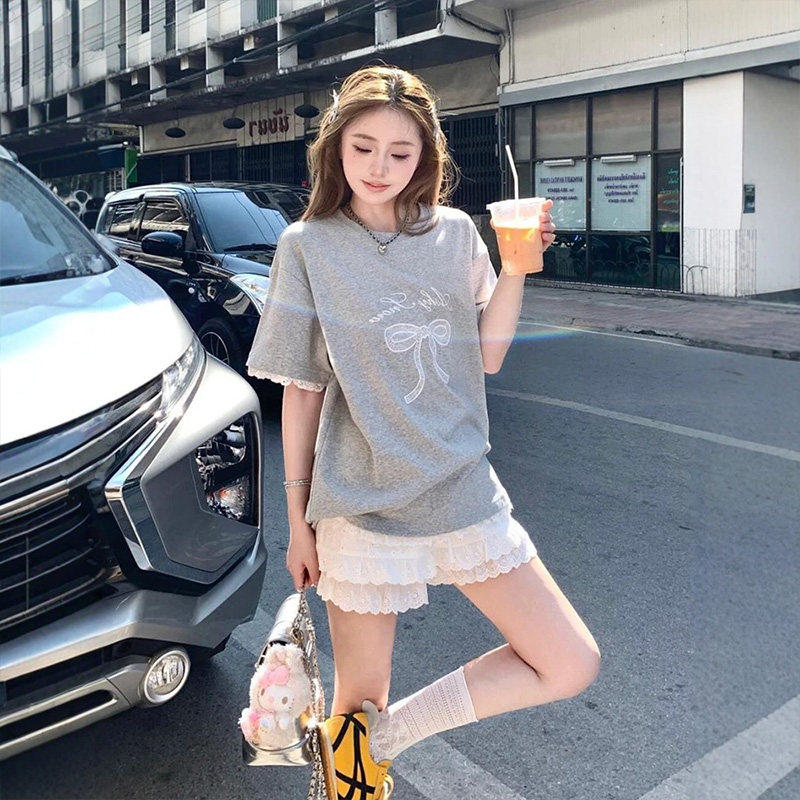 休闲运动套装女夏季2026新款时尚短袖卫衣蕾丝短裙减龄穿搭一整套
