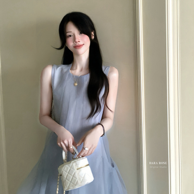 DARA ROSE-气满满雾蓝色欧根纱无袖显瘦法式复古仙女连衣裙S9069