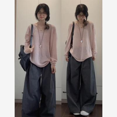 2025新款韩系高级感粉色针织衫毛衣女早秋季薄款慵懒宽松套头上衣
